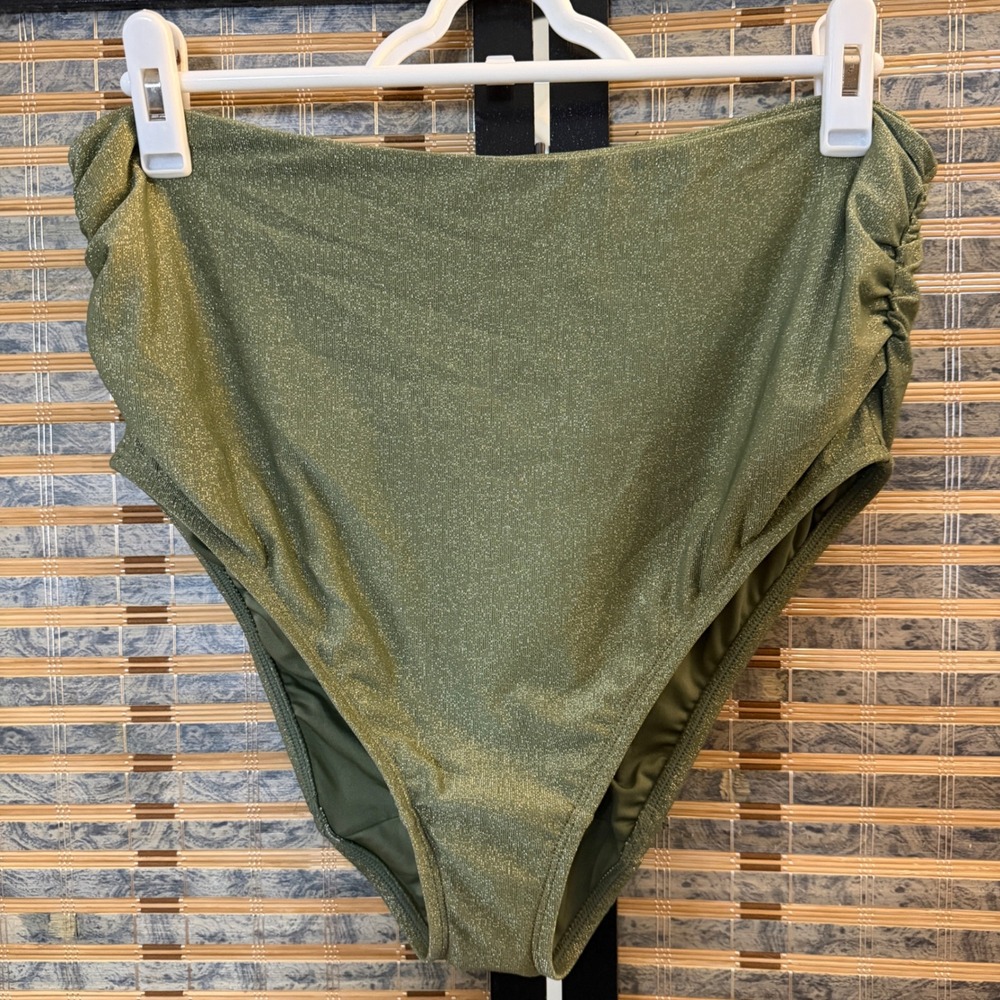 Lane Bryant Bikini Bottom Women 10 Olive Green Metallic High Waist Ruched Swim